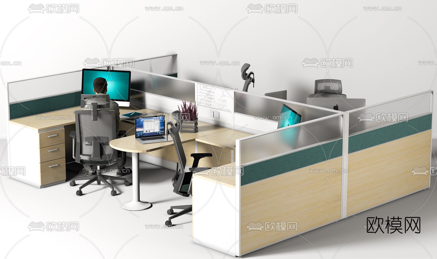 现代办公桌椅卡位su模型下载（渲染图3）