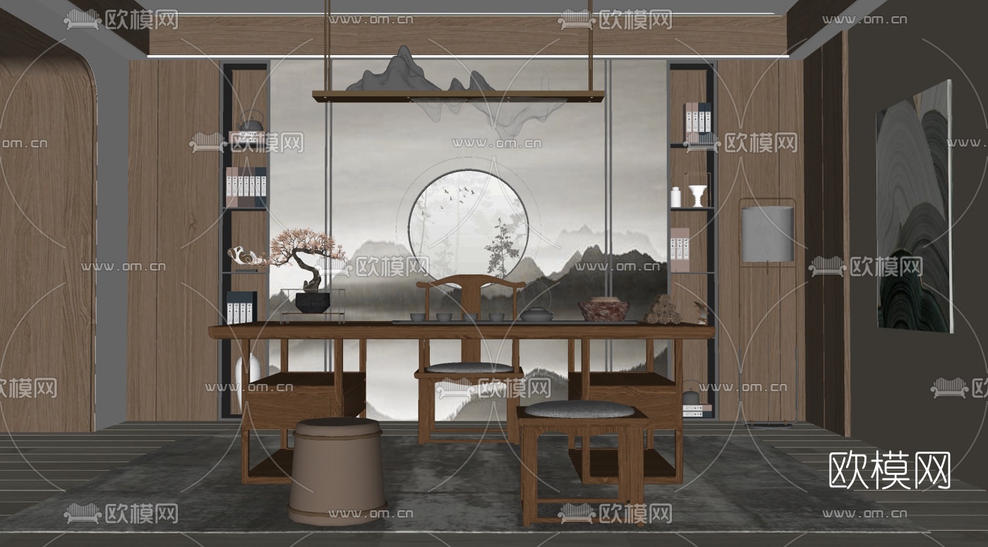 新中式书房su模型下载（渲染图1）