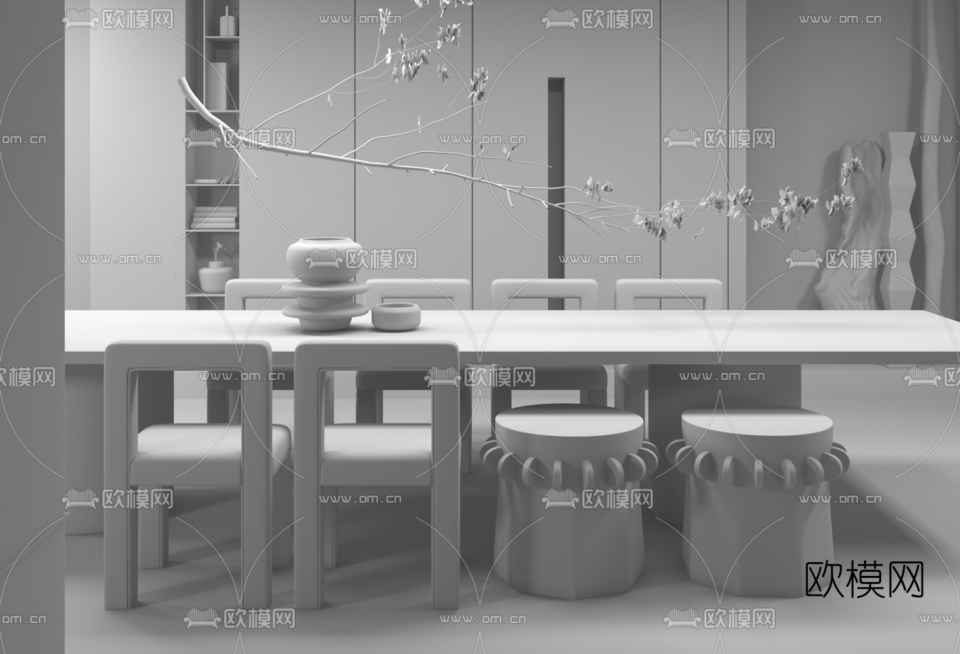 布鲁盟设计 现代侘寂餐桌椅3d模型下载（渲染图2）