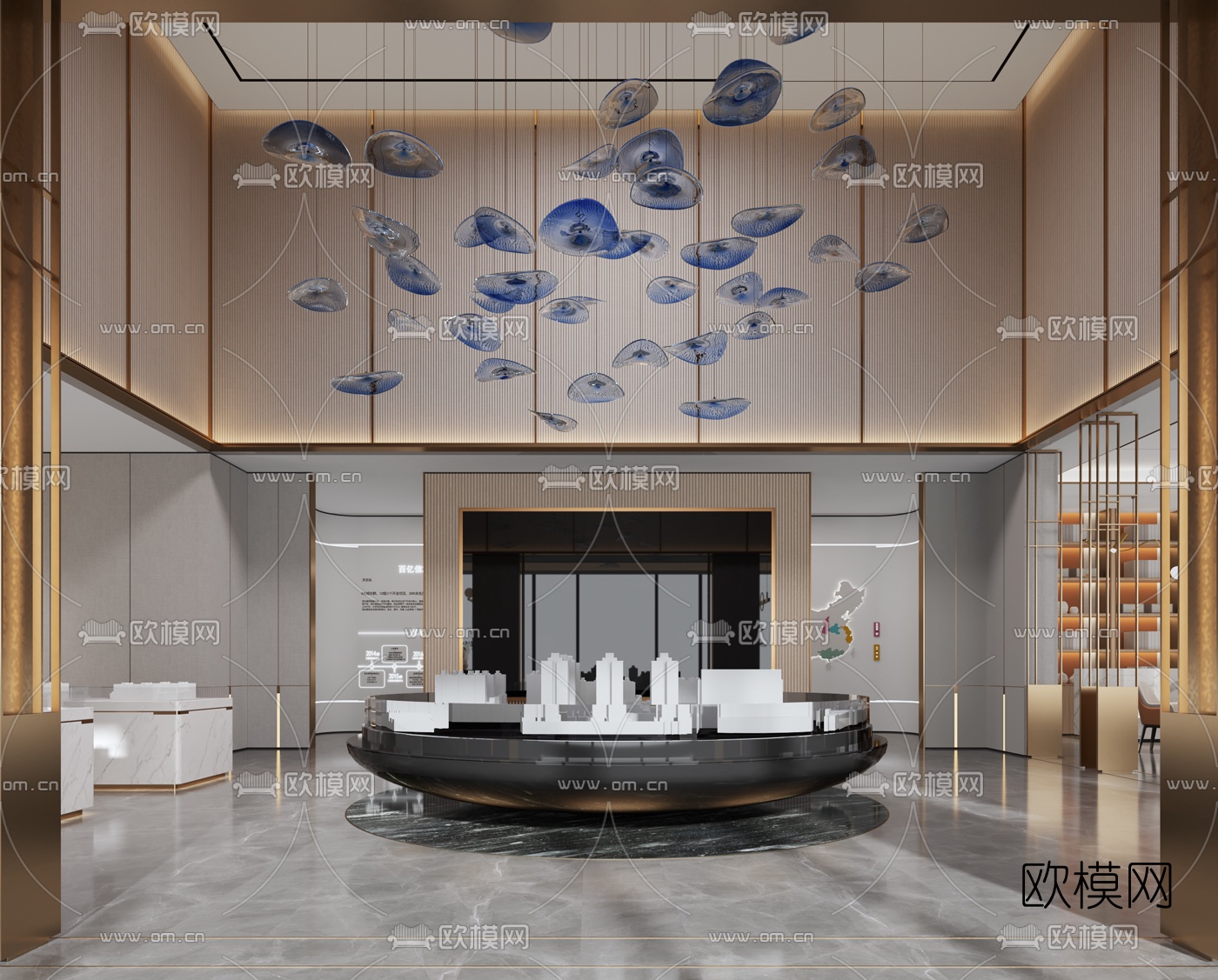 现代轻奢售楼处沙盘区3d模型下载（渲染图3）