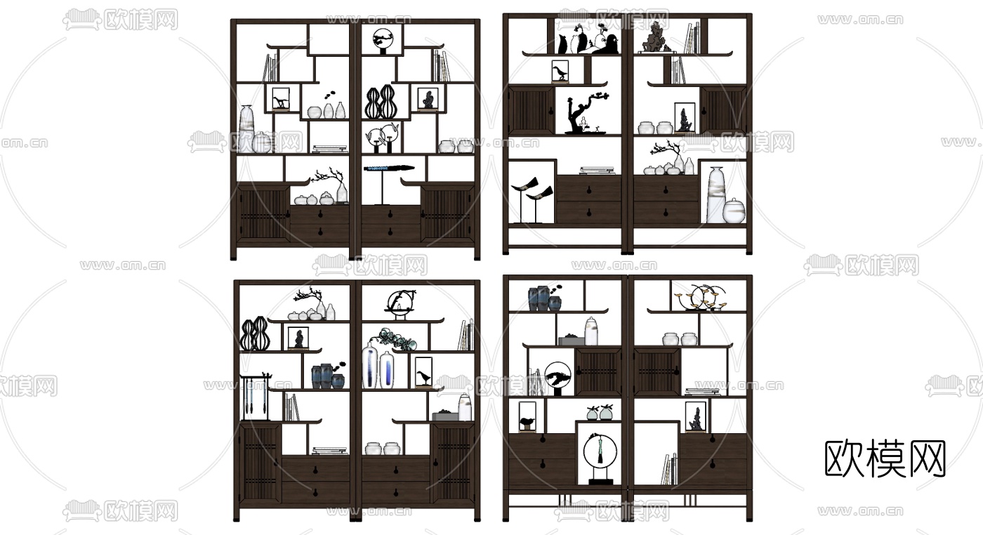 新中式实木博古架su模型下载（渲染图2）