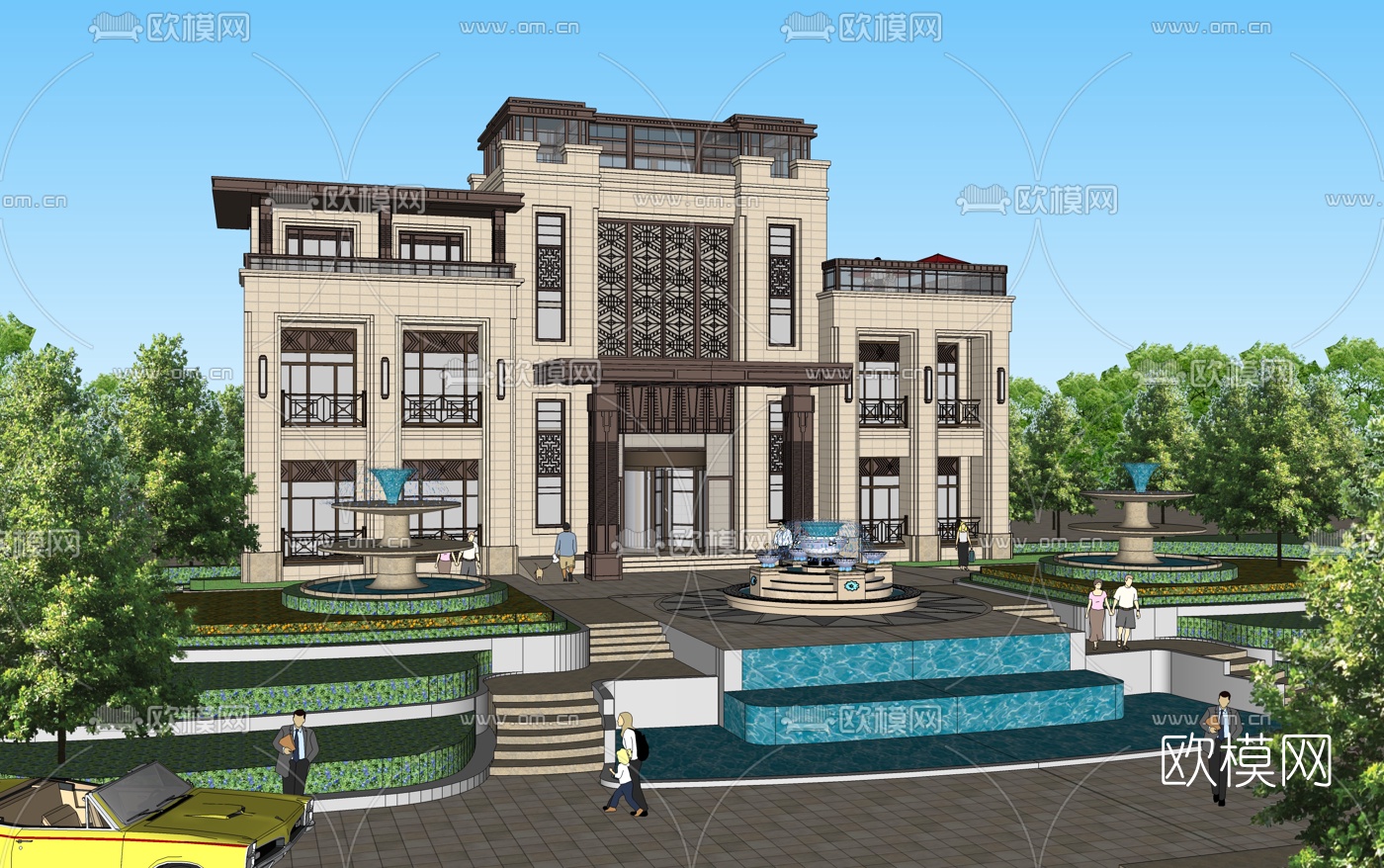 新中式别墅外观su模型下载（渲染图5）