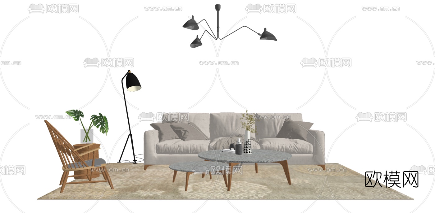 北欧布艺组合沙发su模型下载