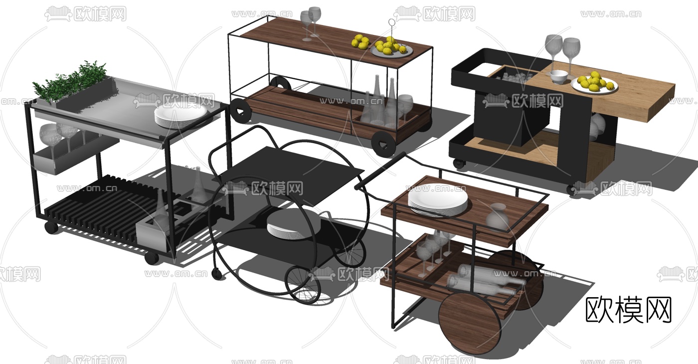 工业风备餐车手推车su模型下载