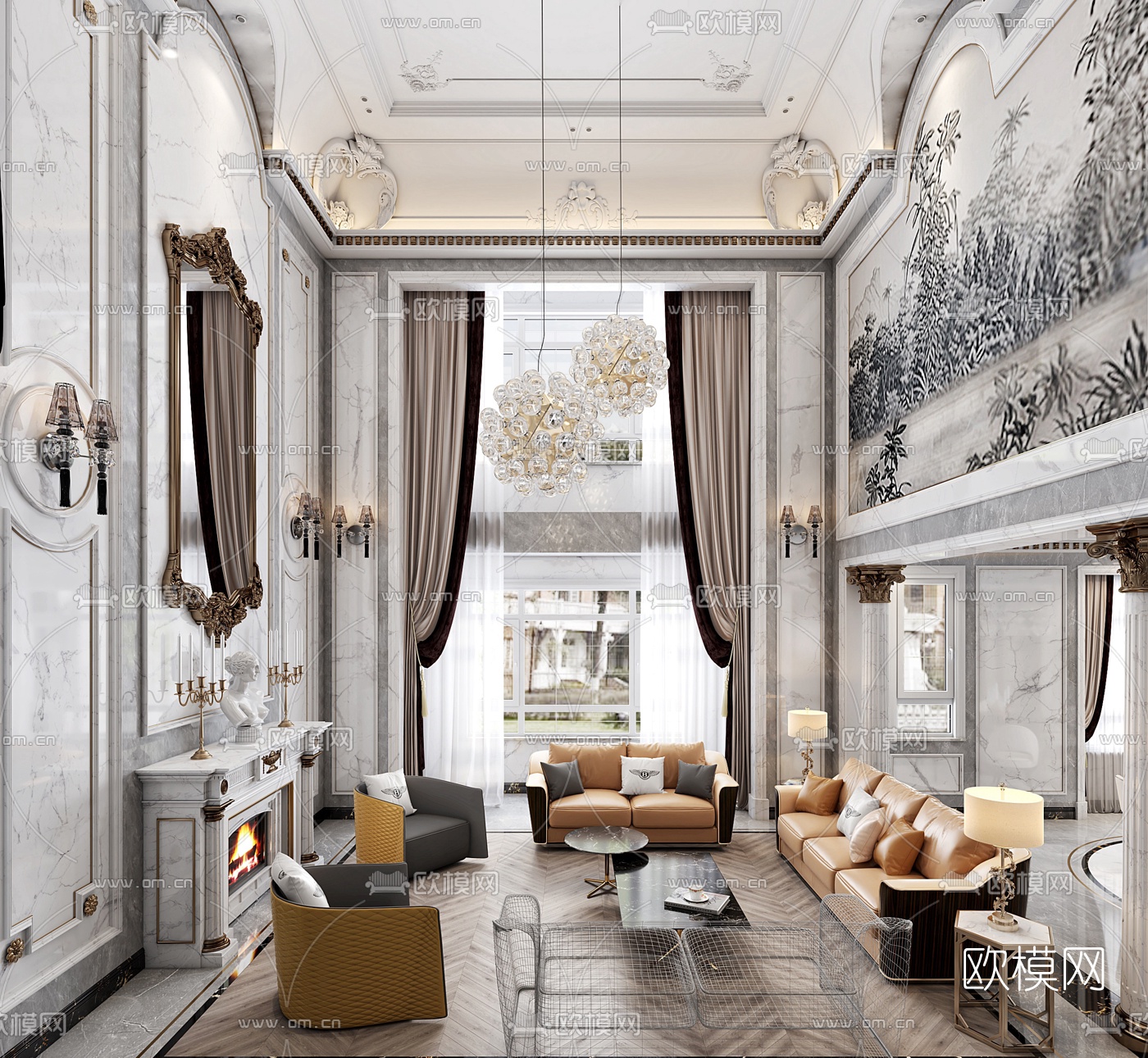 欧式轻奢别墅客厅3d模型下载