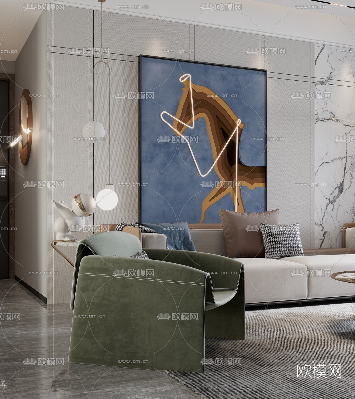 现代轻奢客厅餐厅3d模型下载（渲染图7）