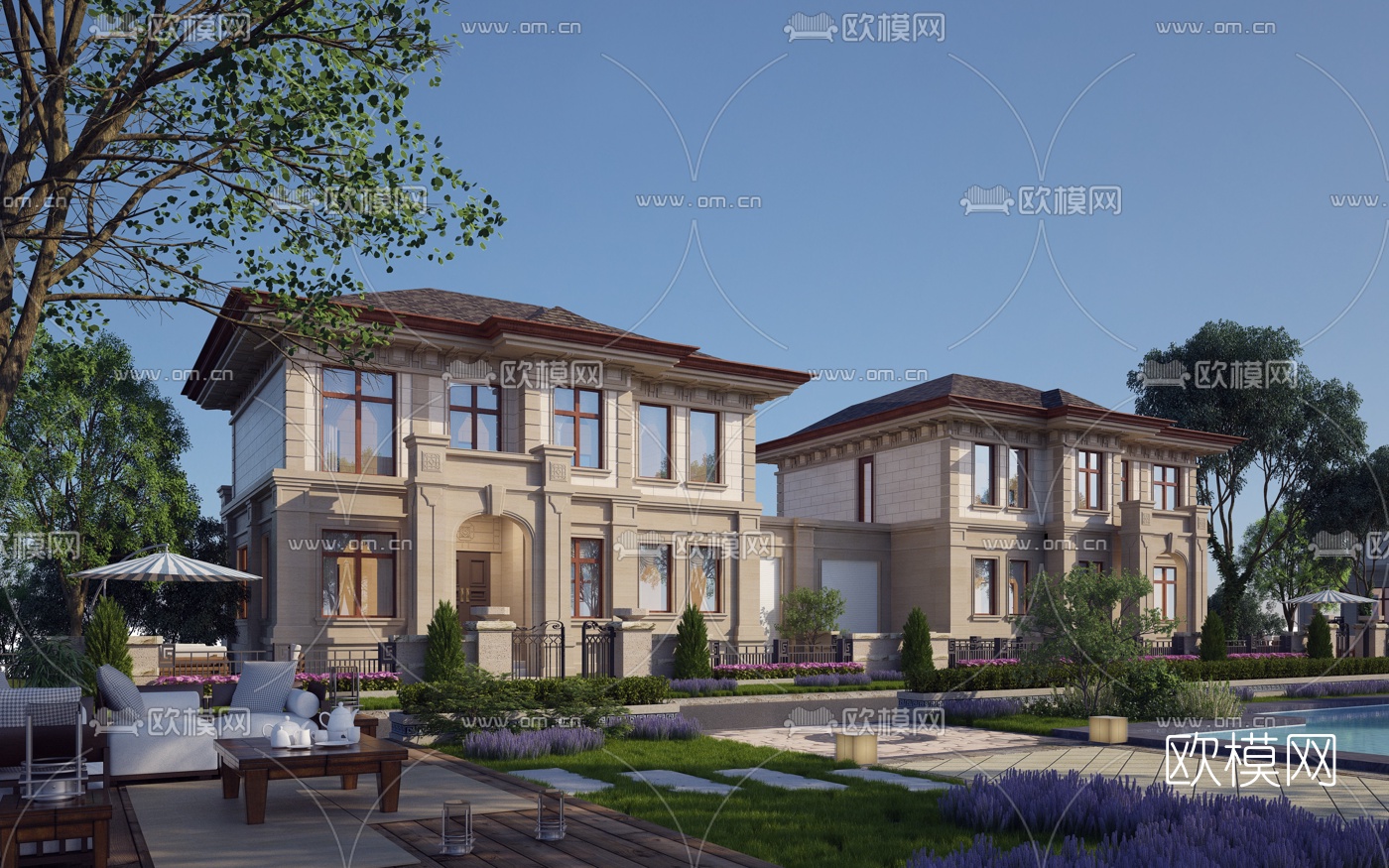 现代别墅黄昏园林景观3d模型-免费3dmax模型库-欧模网
