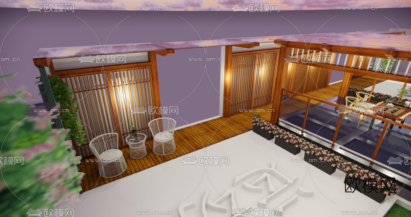 新中式花园凉亭免费3d模型下载（渲染图3）