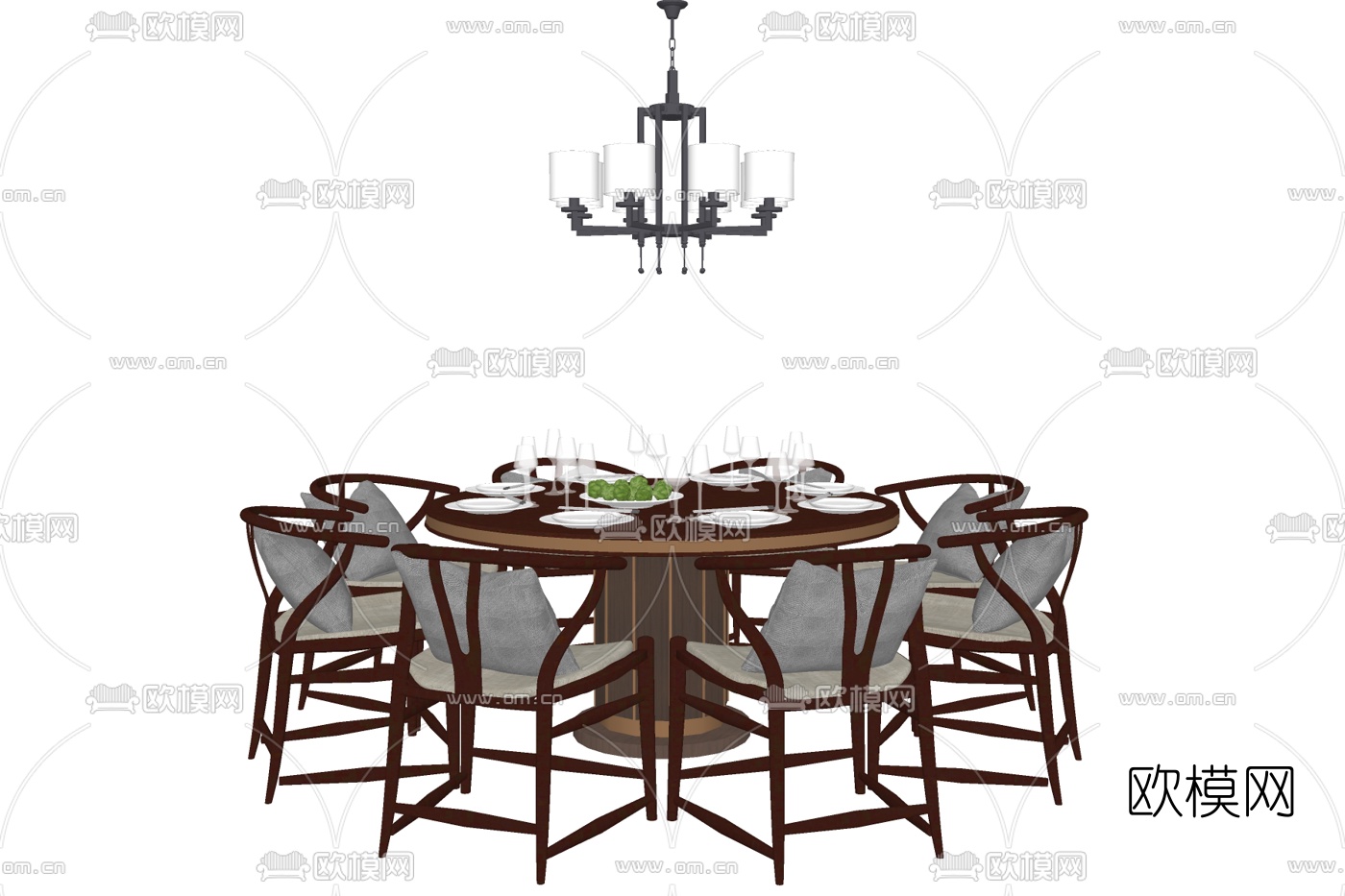 新中式圆形餐桌椅su模型下载
