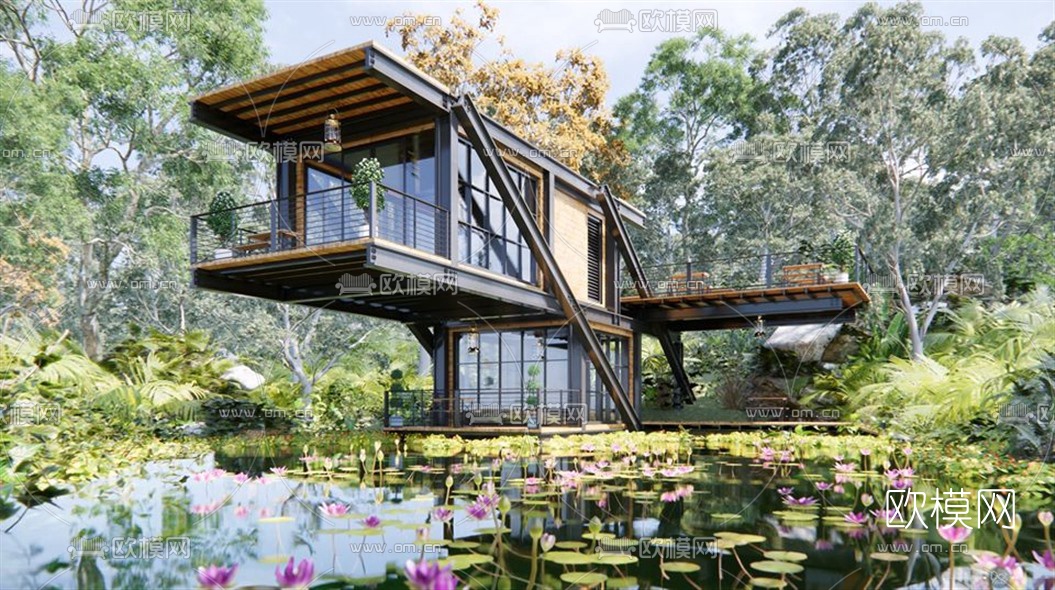 工业风钢架别墅外观su模型下载（渲染图1）