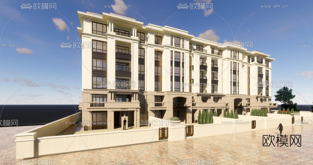 新中式连排洋房外观su模型下载（渲染图3）