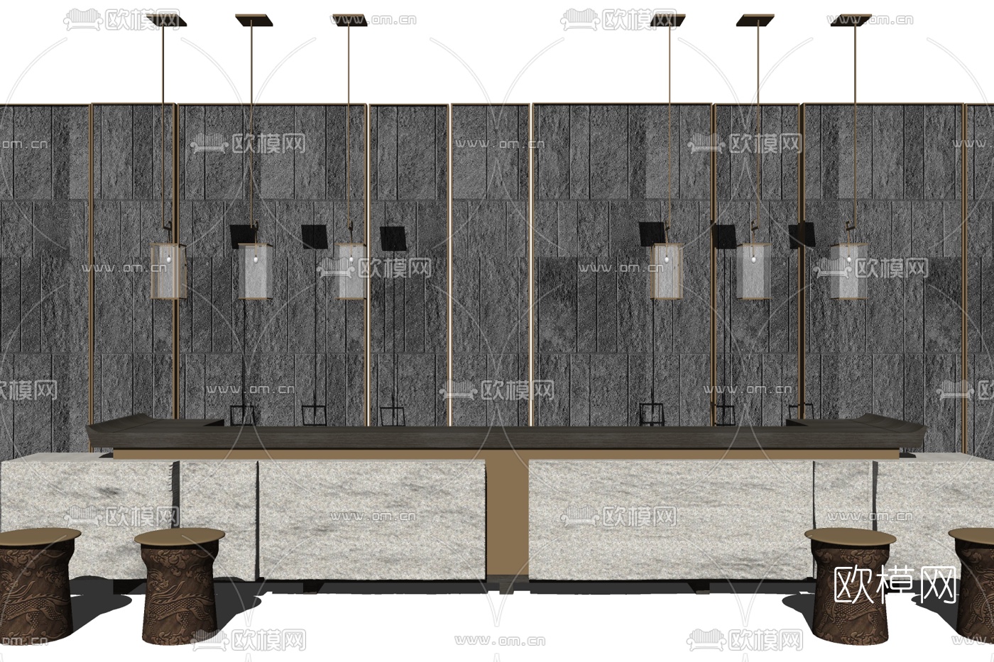 新中式前台接待台su模型下载