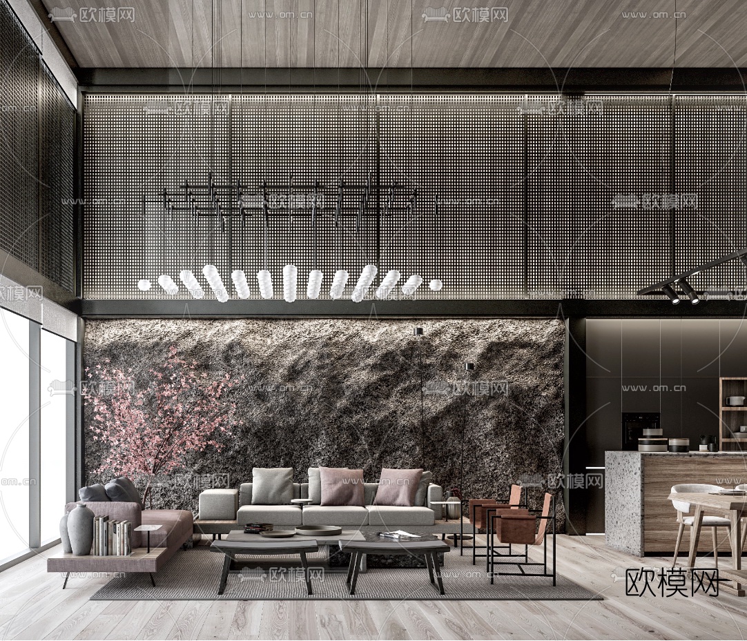 新中式别墅大堂餐厅su模型下载（渲染图3）