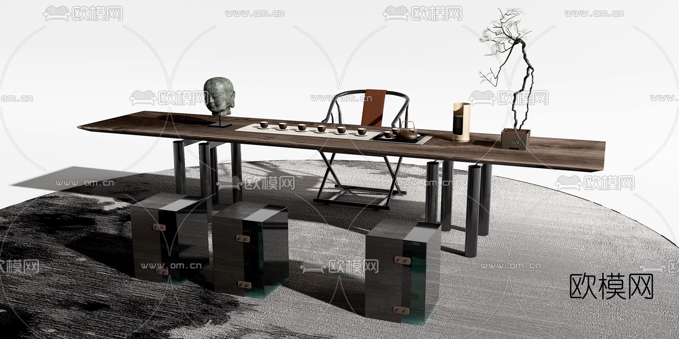 新中式实木茶桌椅3d模型