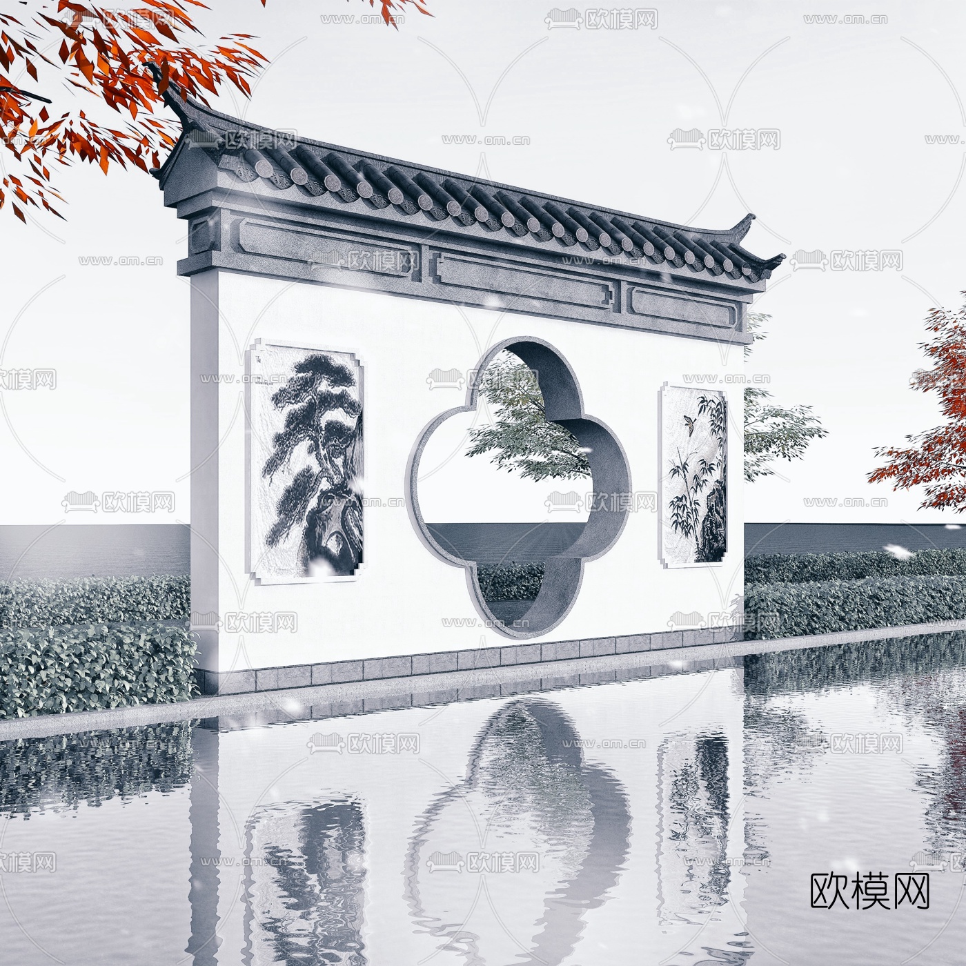 中式月洞门园林景观墙3d模型