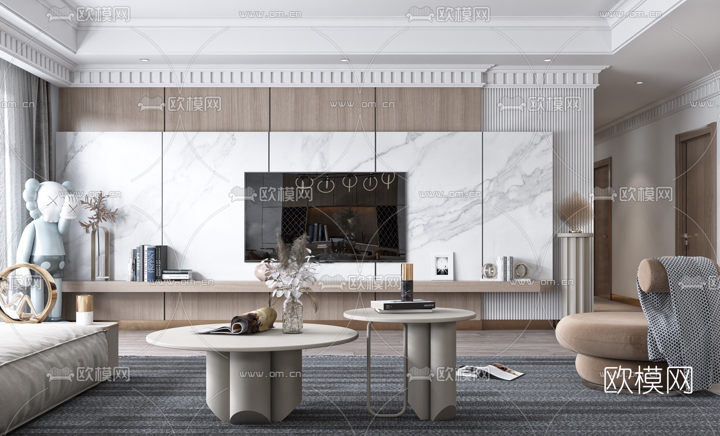 简欧轻奢客厅餐厅3d模型下载（渲染图2）