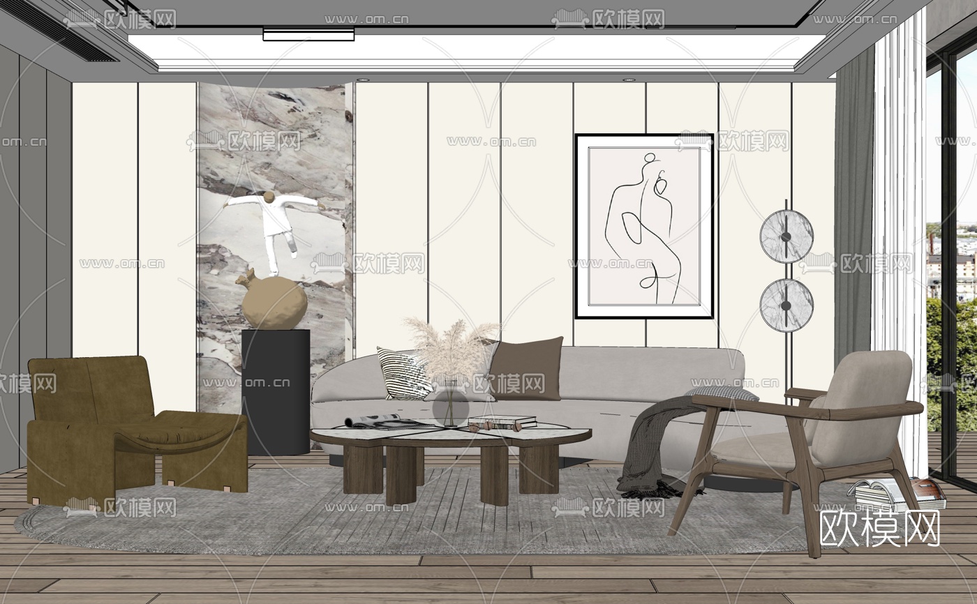 现代布艺沙发组合su模型下载（渲染图2）