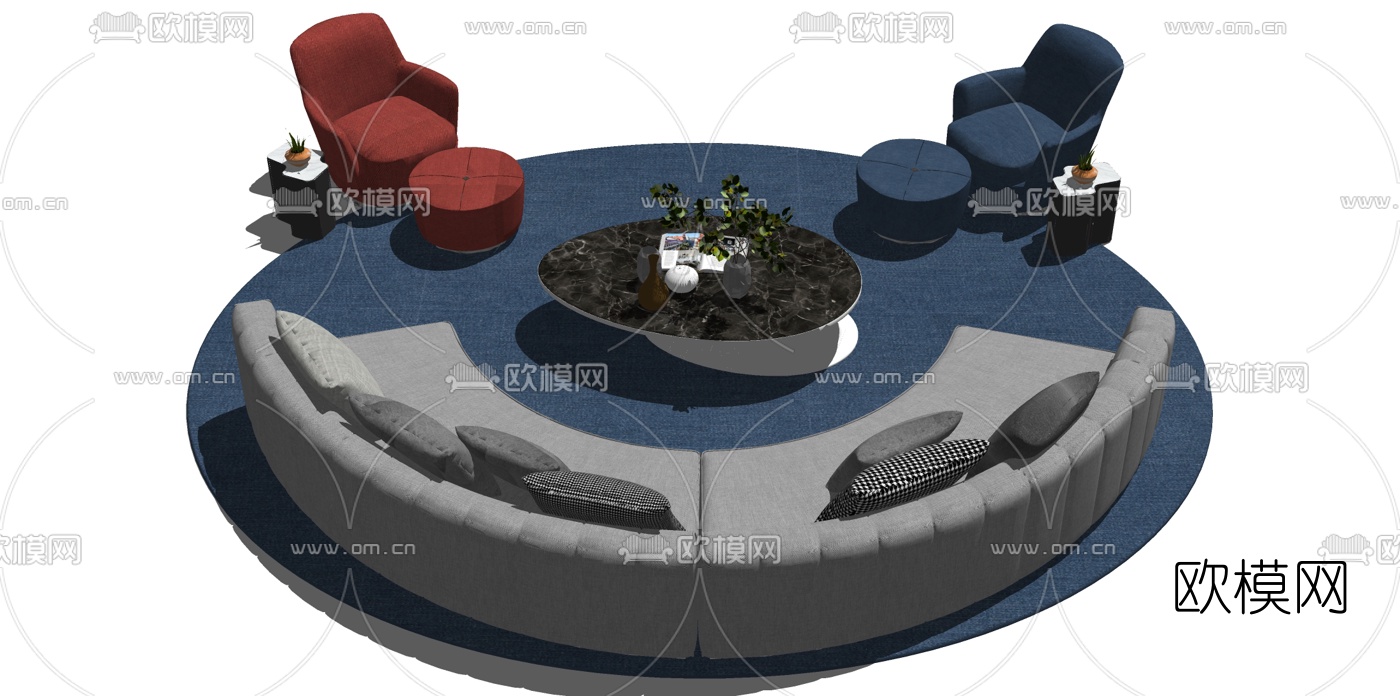现代布艺弧形沙发组合su模型下载（渲染图1）
