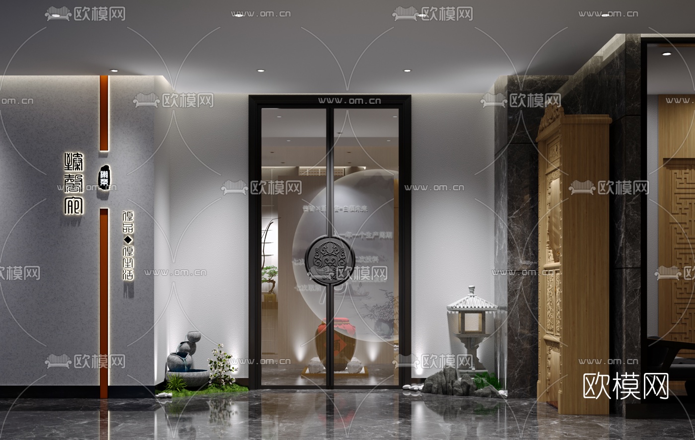 新中式酒店门厅走廊过道3d模型