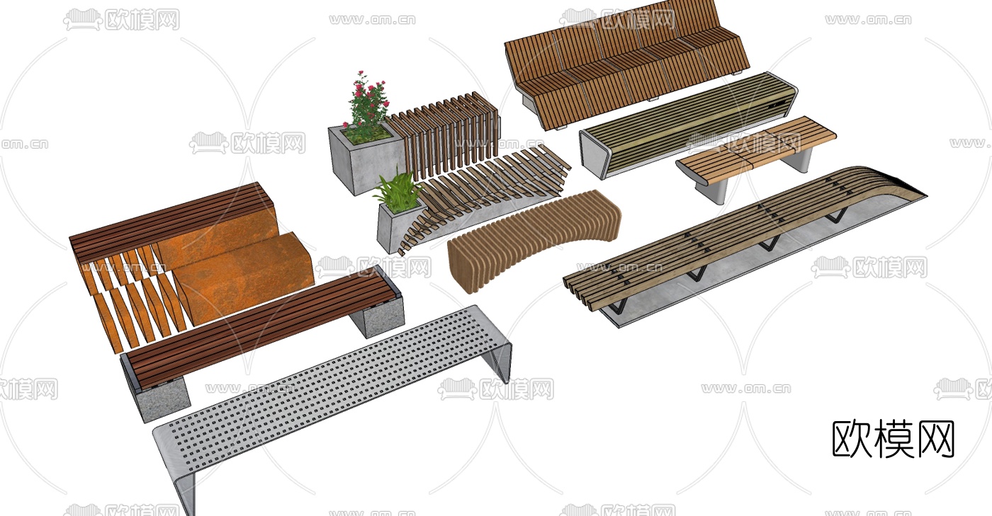 现代景观坐凳座椅su模型下载（渲染图1）