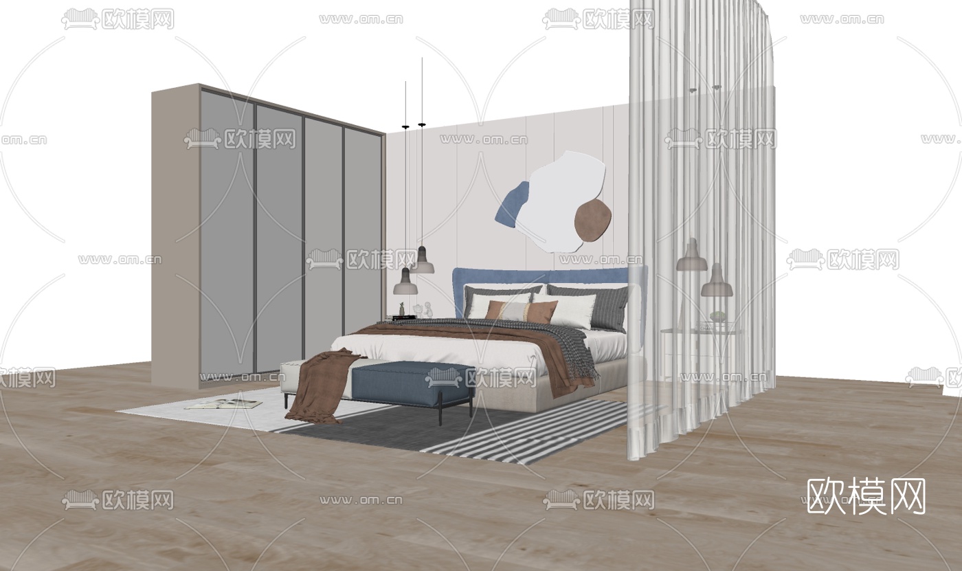 现代布艺双人床su模型下载