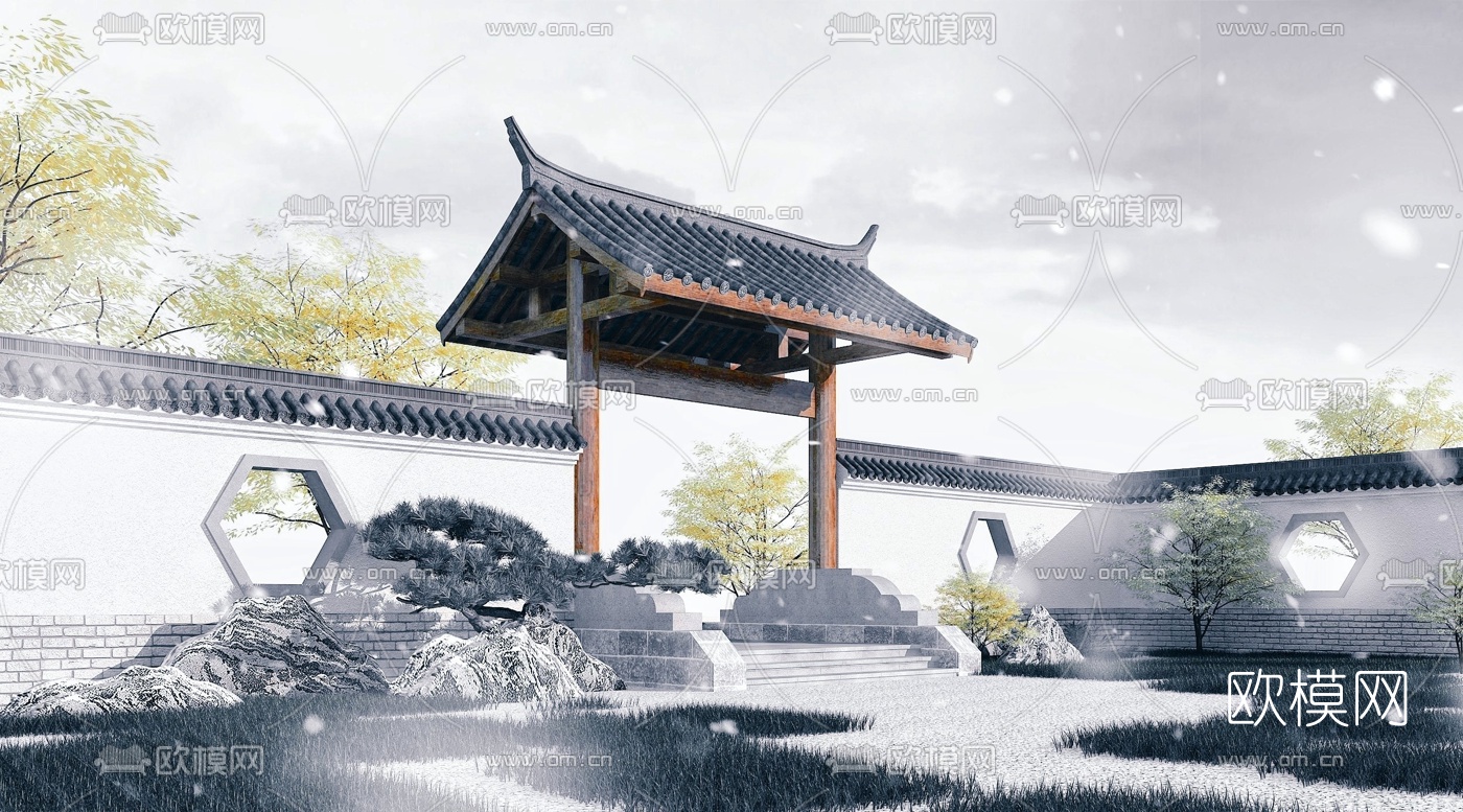 中式古建庭院门头3d模型