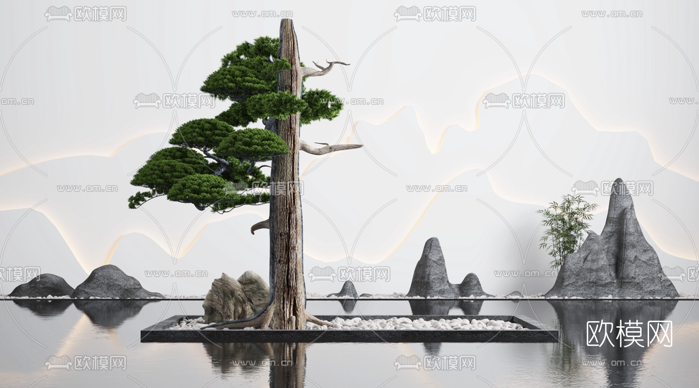 新中式松树假山水景小品3d模型下载