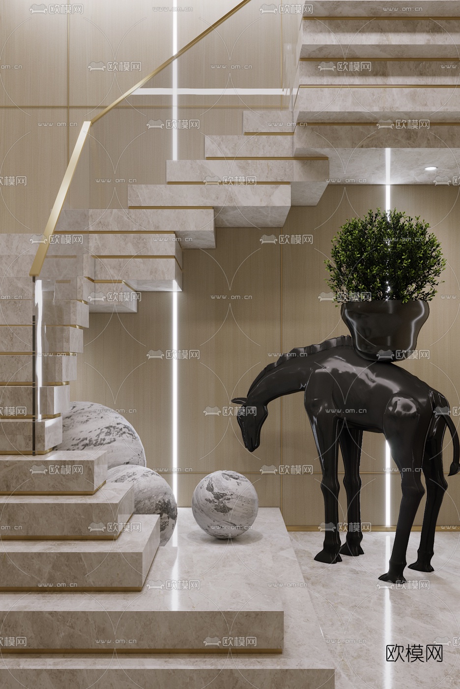 飞视设计 现代楼梯间骏马雕塑3d模型下载