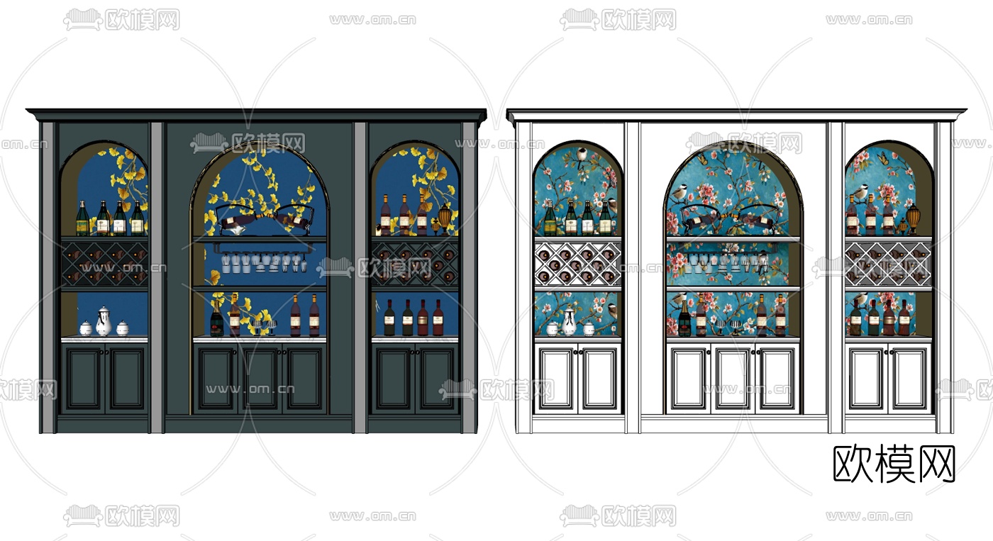 简欧多功能酒柜su模型下载