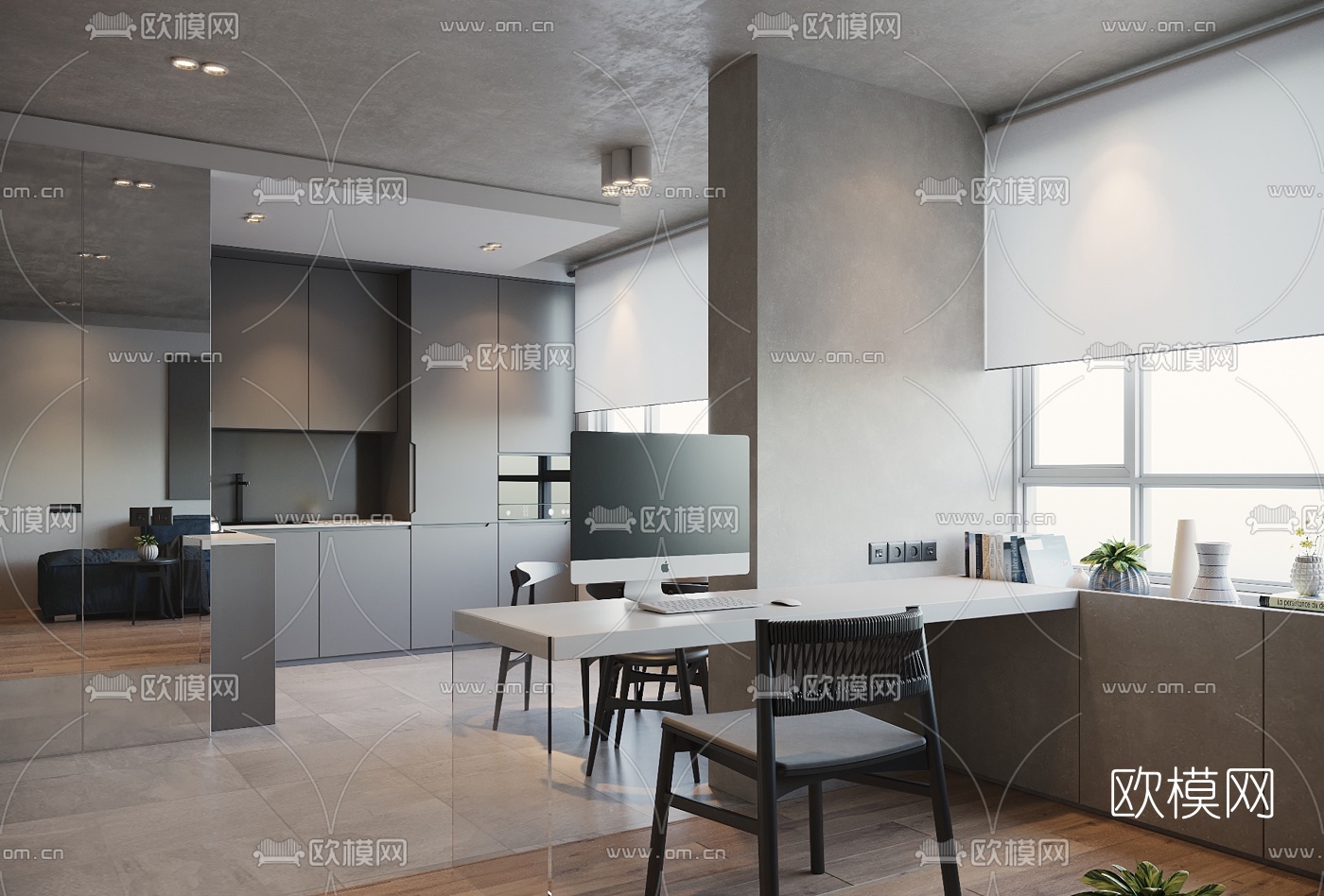 现代公寓客厅餐厅3d模型下载（渲染图2）