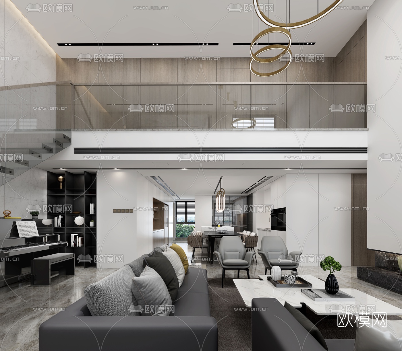 现代别墅客厅餐厅3d模型