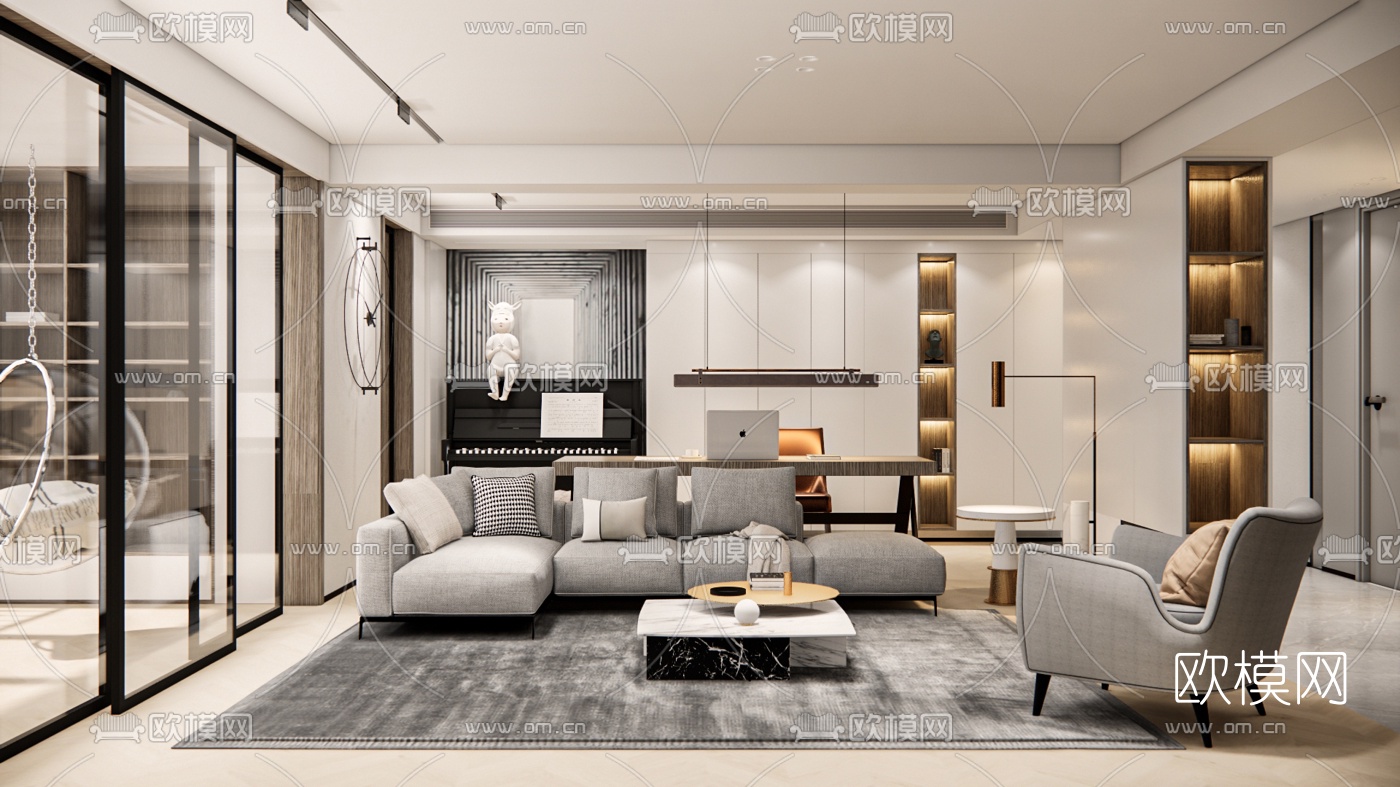 现代轻奢客厅书房su模型下载（渲染图1）