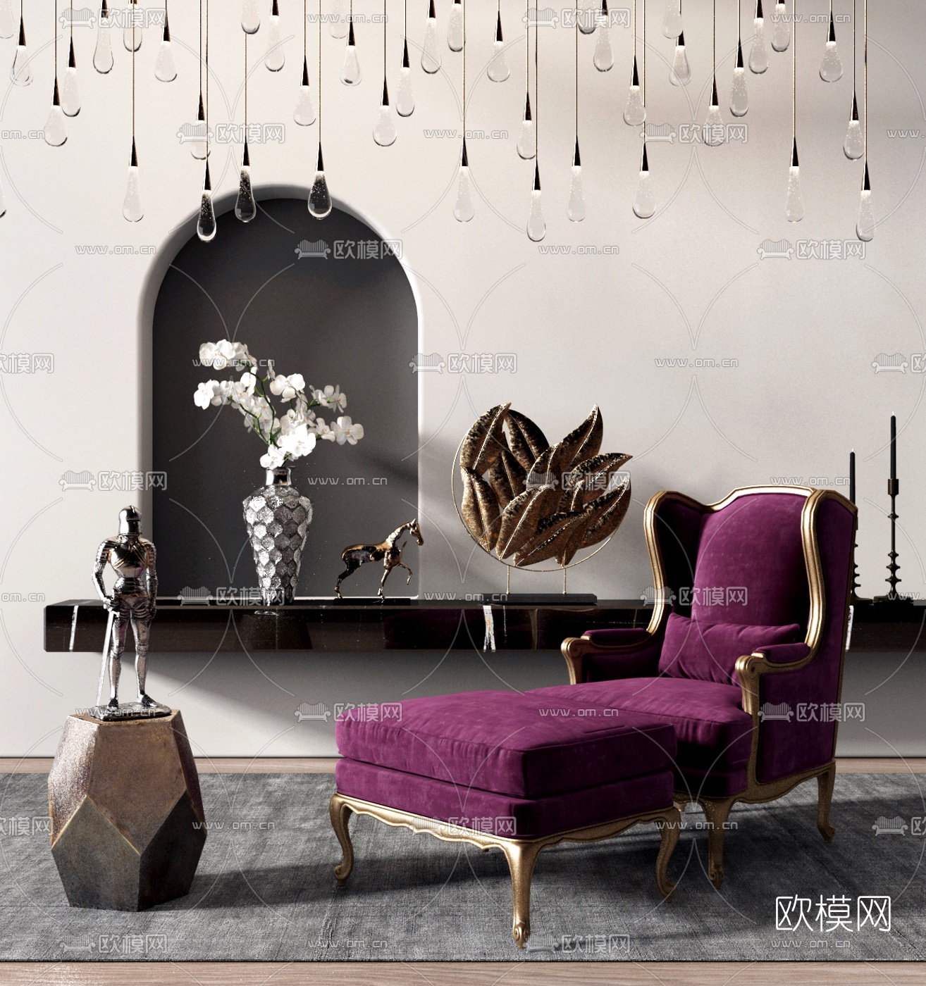 欧式布艺单人沙发脚踏3d模型下载