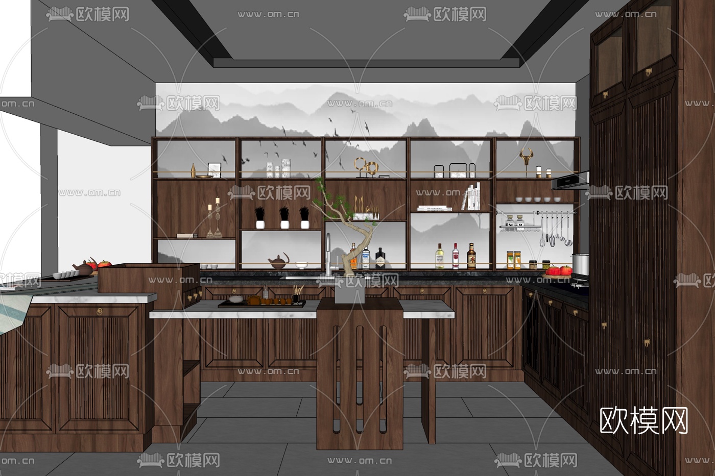 新中式开放式厨房免费su模型下载