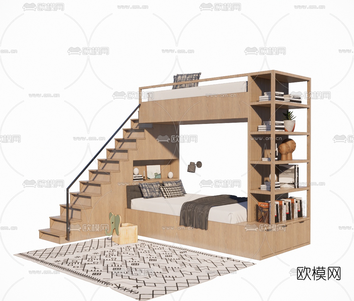 北欧上下铺儿童床su模型下载（渲染图1）
