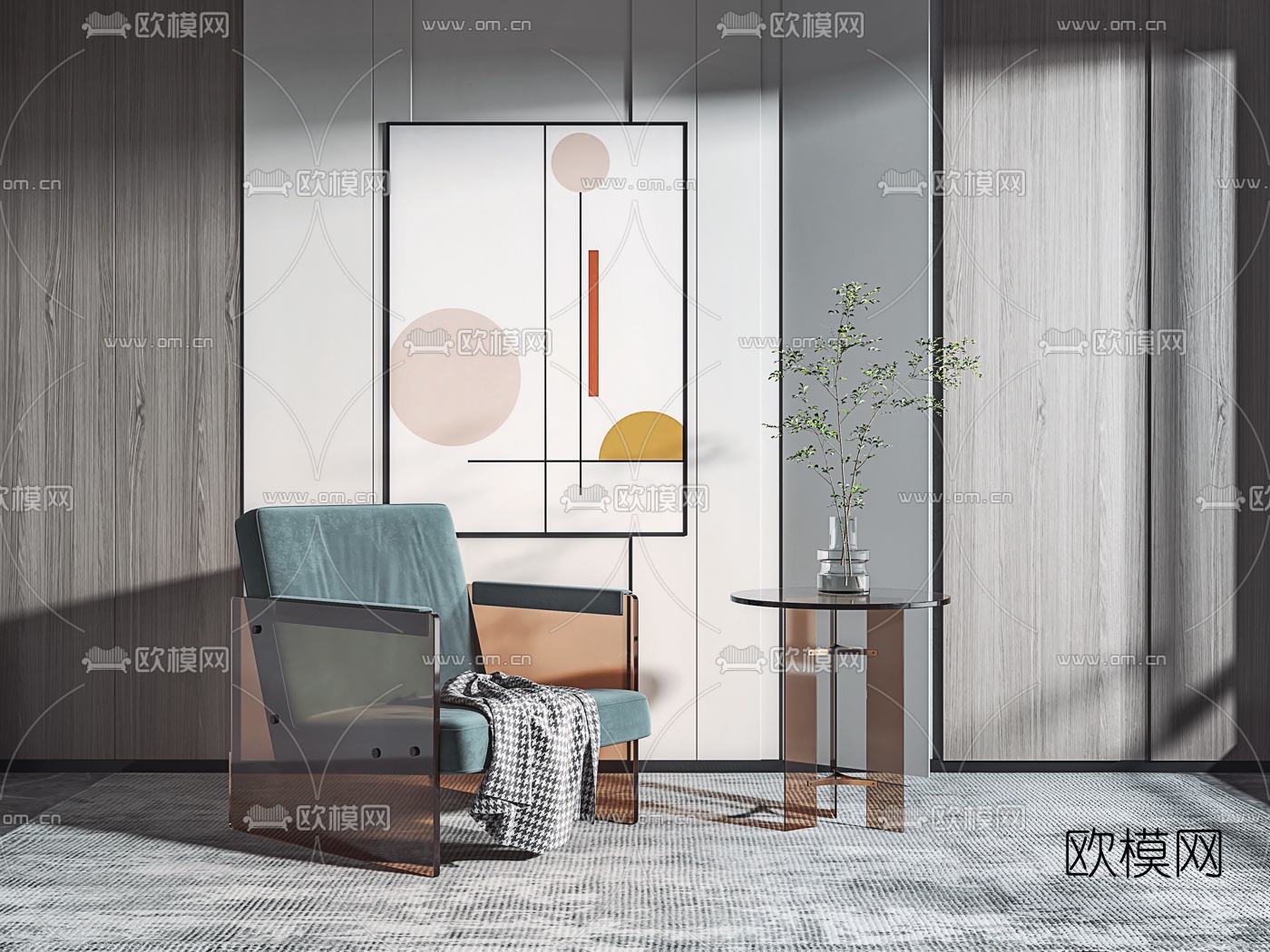 现代亚克力布艺单人沙发边几3d模型下载