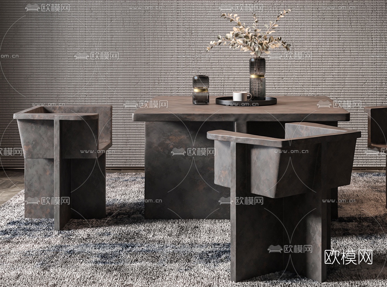 工业风简约餐桌椅3d模型下载（渲染图2）