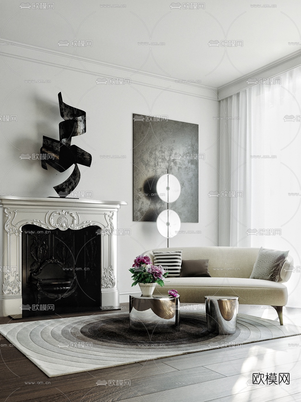 现代客厅沙发壁炉组合3d模型下载（渲染图2）