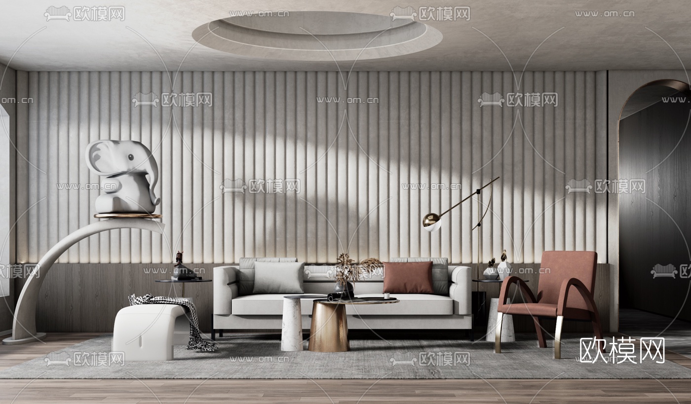 现代布艺沙发组合su模型下载（渲染图1）