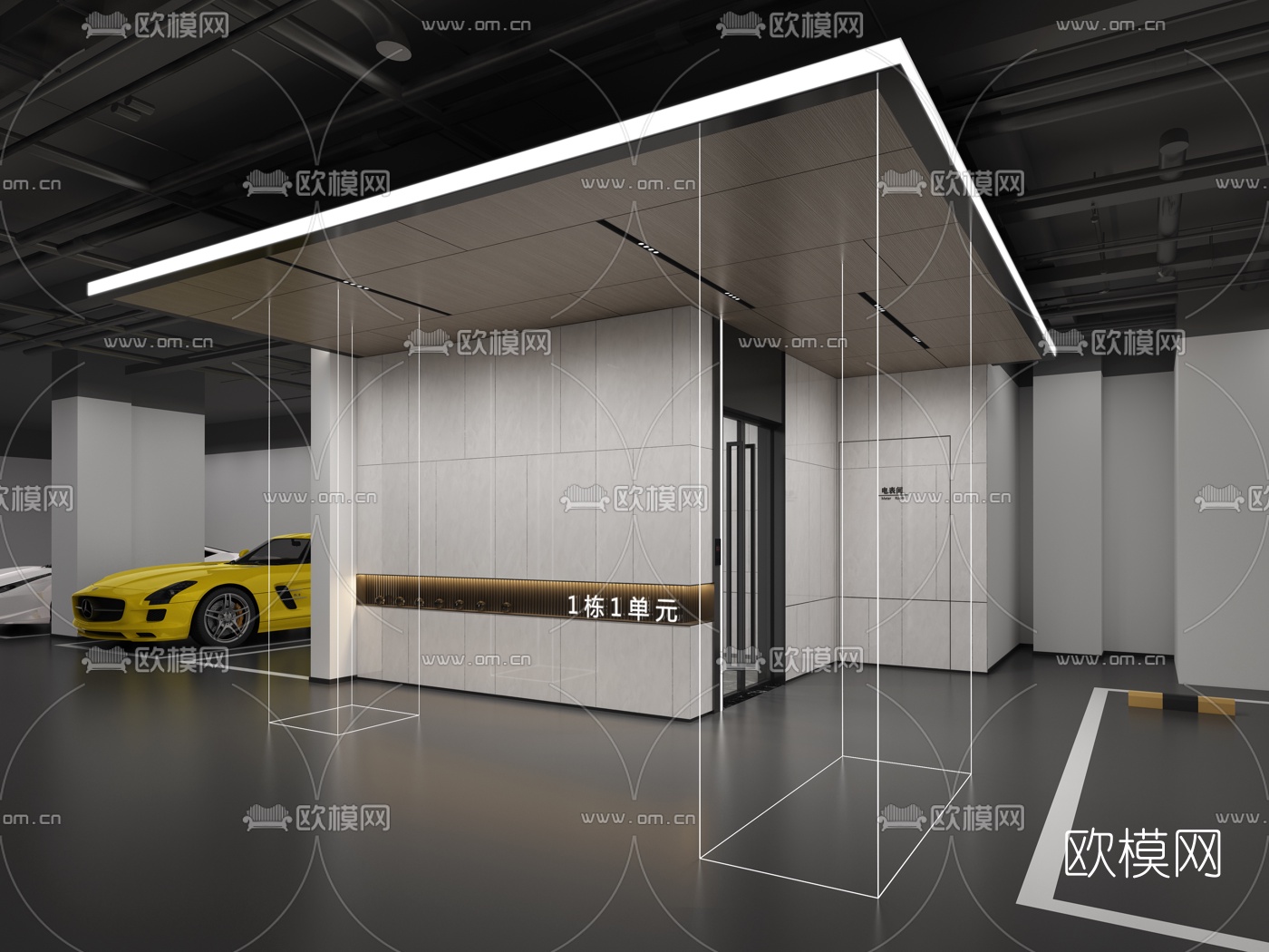 现代地下停车场电梯厅入口3d模型