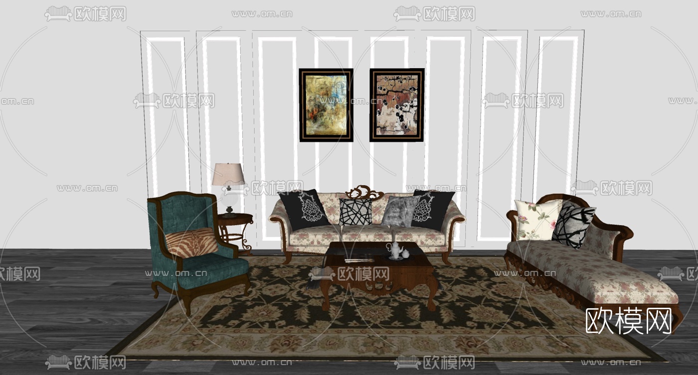 欧式布艺组合沙发su模型下载