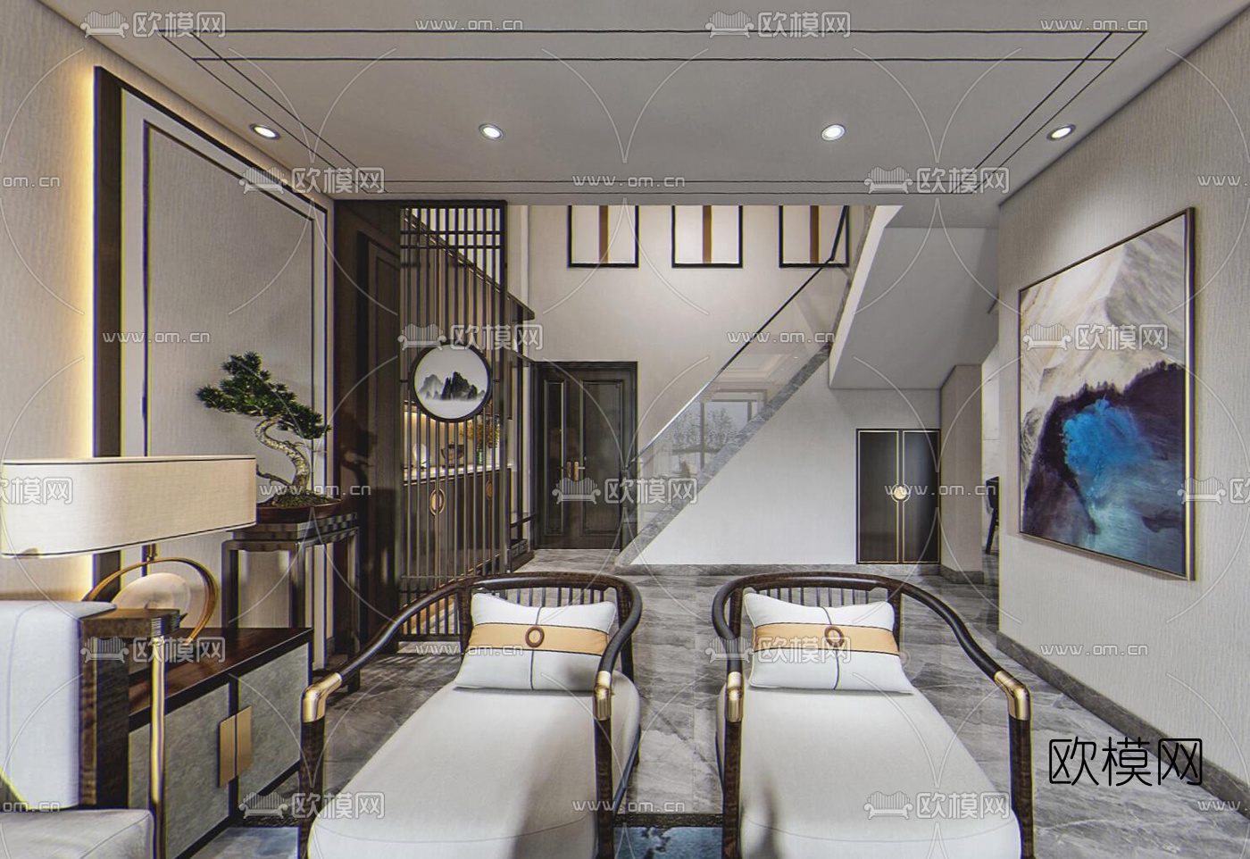 新中式复式客厅餐厅vr全景3d模型