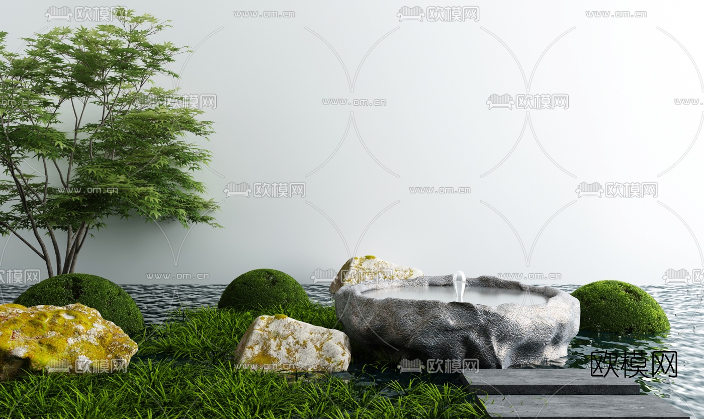 新中式庭院水景灌木小品3d模型