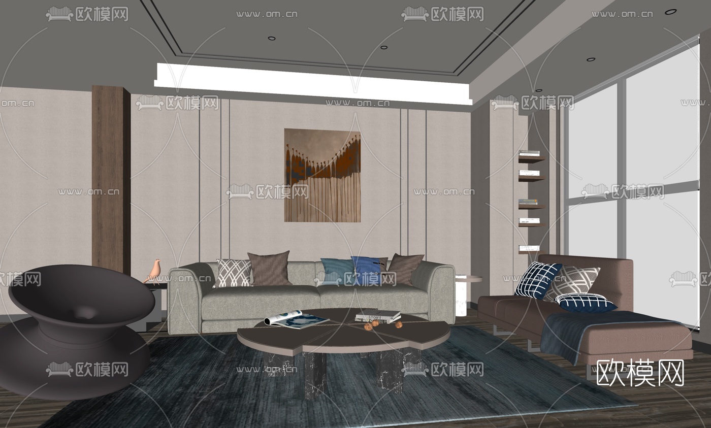 现代布艺沙发组合su模型下载（渲染图2）
