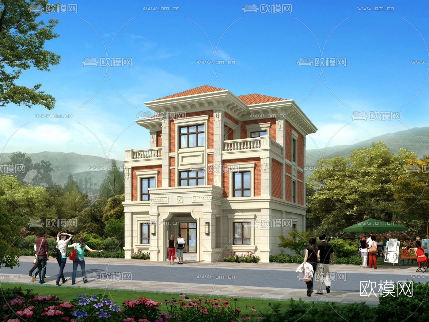欧式独栋别墅外观su模型下载（渲染图1）