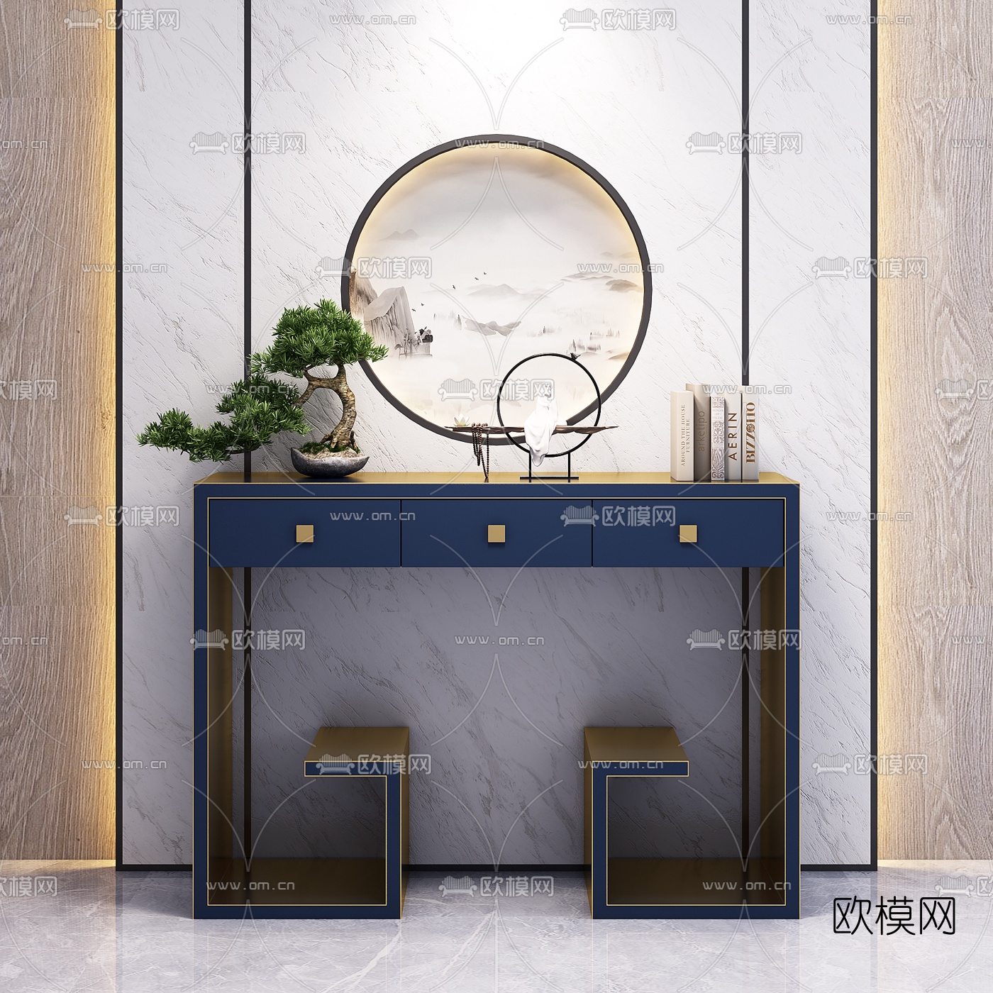 新中式轻奢端景条案3d模型下载