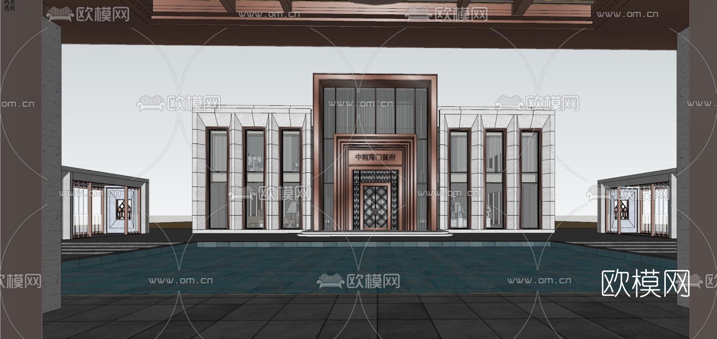新中式售楼处外观su模型下载（渲染图6）