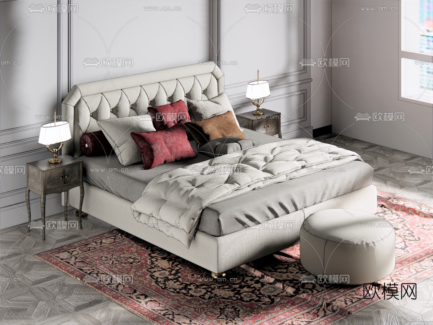 简欧布艺双人床su模型下载（渲染图2）