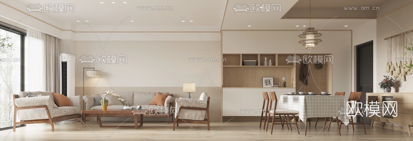 日式客厅餐厅3d模型下载（渲染图1）