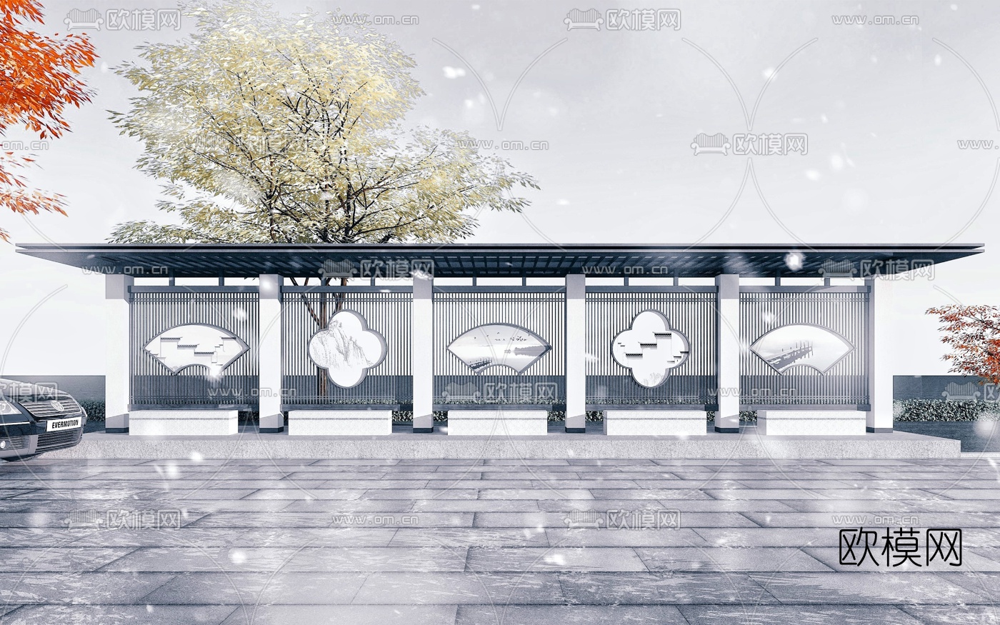 新中式阅报栏信息栏候车亭3d模型下载